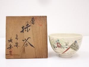 京焼　橋本城岳造　金彩色絵扇面茶碗